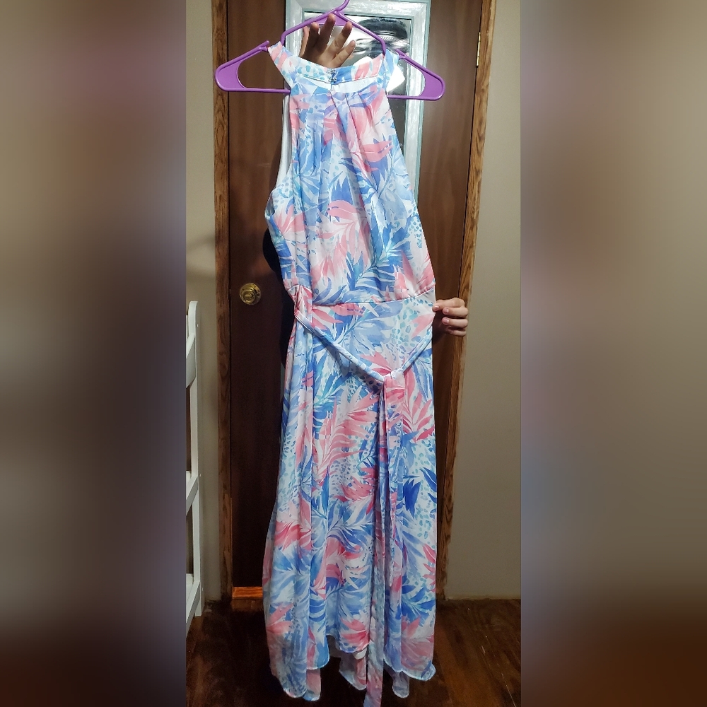 Nicole Miller Pink and Blue Leaf Print Dress